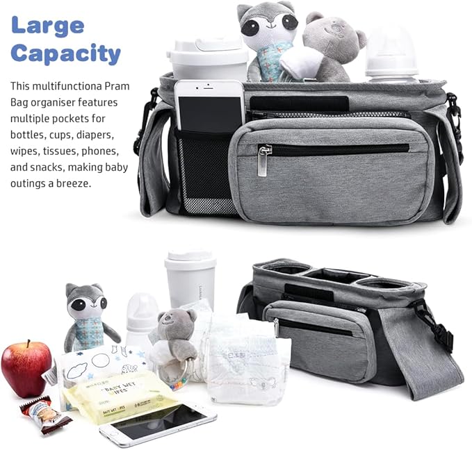 Baby Stroller Organizer, Universal Stroller Organizer with Detachable Phone Bag, Stroller Caddy with 2 Insulated Cup Holders, Buggy Organizer Bag with 2 Hooks Fits Most Strollers (Grey)