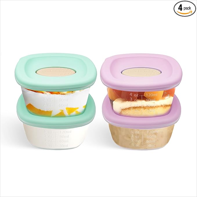 4 Pack Baby Food Storage Containers 4 oz, Baby Silicone Food Jars with Ventilation Valve, Snack Containers with Leak Proof Sealing Lid Microwave Safe, Suitablefor Nurseries, Schools and Travel