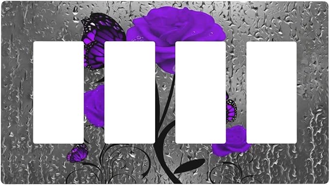 Purple Butterfly Rose Flower 4 Gang Quad Rocker/Decor Light Switch Cover Plate Decorative Electrical Faceplate For Girls Room Bedroom Decorate Jumbo Size Screwless 8.3" x 4.6