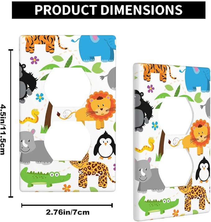 Cartoon Jungle Safari Animals Outlet Covers Colorful Elephant Giraffe Lion Woodland Wildlife Duplex Receptacle Wall Plate Standard 1-Gang 4.5" X 2.76" for Boys Girls Room