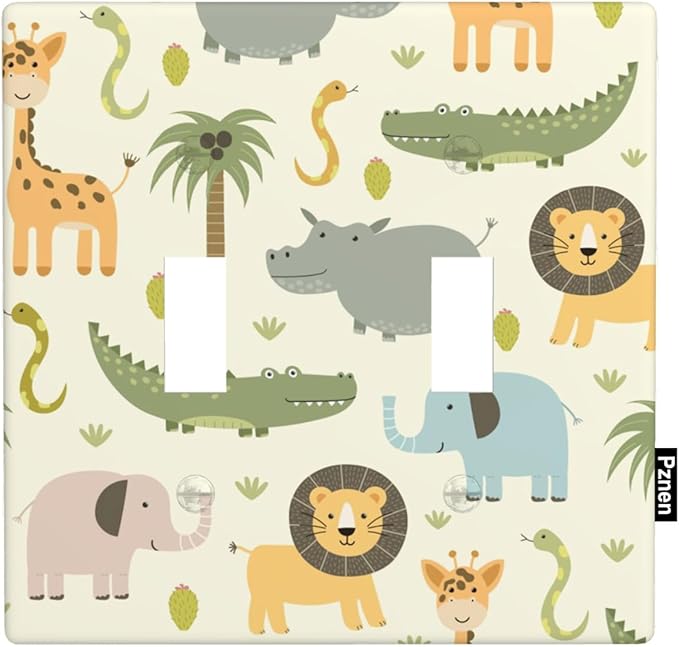 Cartoon Safari Animals Light Switch Cover Plate Cute Hippo Crocodile Lion Elephant And Giraffe Funny Wildlife Double Toggle Light Switch Cover 2-Gang Wall Plate for Boys Girls