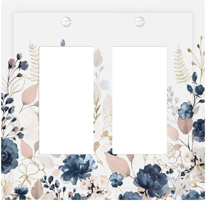 Blue Flora Boho Vintage Flower Golden Leaves Decorative Outlet Covers 2 Gang Double GFCI Rocker Electrical Wall Panels Light Switch Cover Plate for Bedroom Living Room Decor