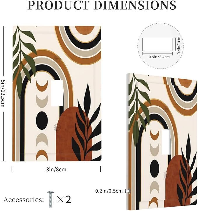 Boho Mid Century Arch Plant Leaves Sun Moon Decorative Light Switch Cover 1 Gang Single Toggle Device Electrical Faceplate Switchplates Decorator Outlet Wall Plate for Bedroom Living Room Decor