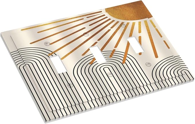 Mid Century Beige Boho Abstract Sun Vintage Arch 3 Gang Light Switch Covers Decorative Triple Toggle Wall Plate Electrical Faceplate Switchplate for Country Bathroom Bedroom Home Decor