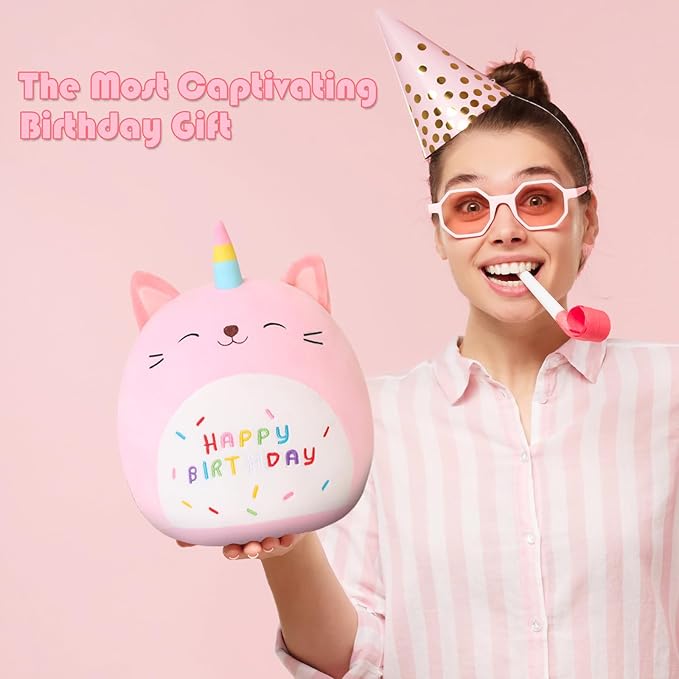 SQEQE Cat Plush Toy Unicorn Cat Stuffed Animal Cute Birthday Plushies Pillow Soft Plushie Doll Gifts for Kid Decor(Pink Caticorn, 14 Inch)
