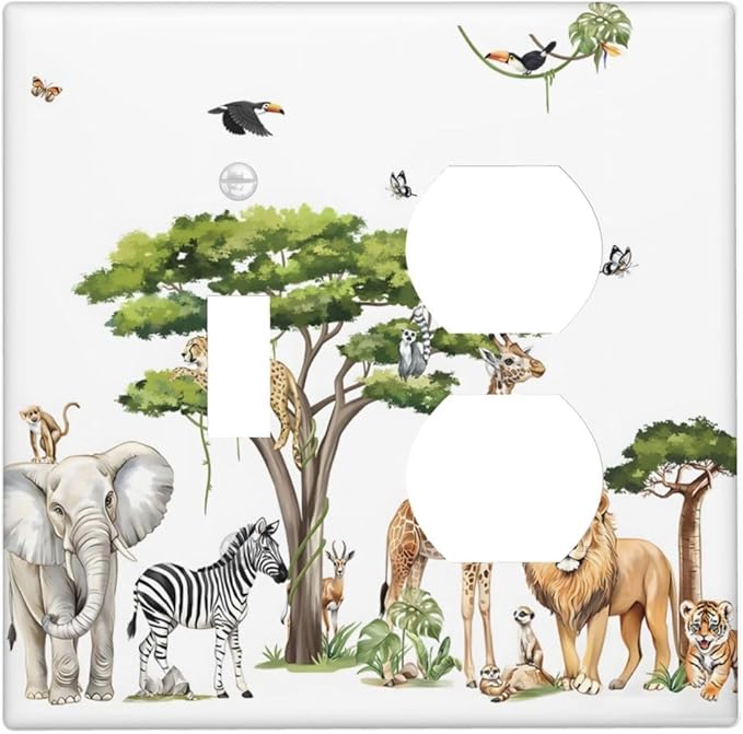 Large Animals Elephant Giraffe Jungle Lion Leopard Zebra Wallplates 1 Toggle 1 Duplex Switch Plate Electrical GFCI Faceplate Decorative Light Switch Covers for Kids Room Nursery Decor