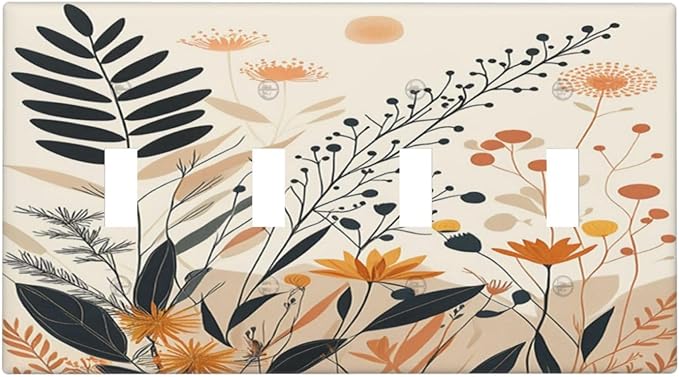 Light Switch Cover Minimalist Floral Boho Botanical Wildflowers 4 Gang Quad Toggle Decorative Switch Plates Electrical Wall Plates Faceplate for Bathroom Bedroom Decor