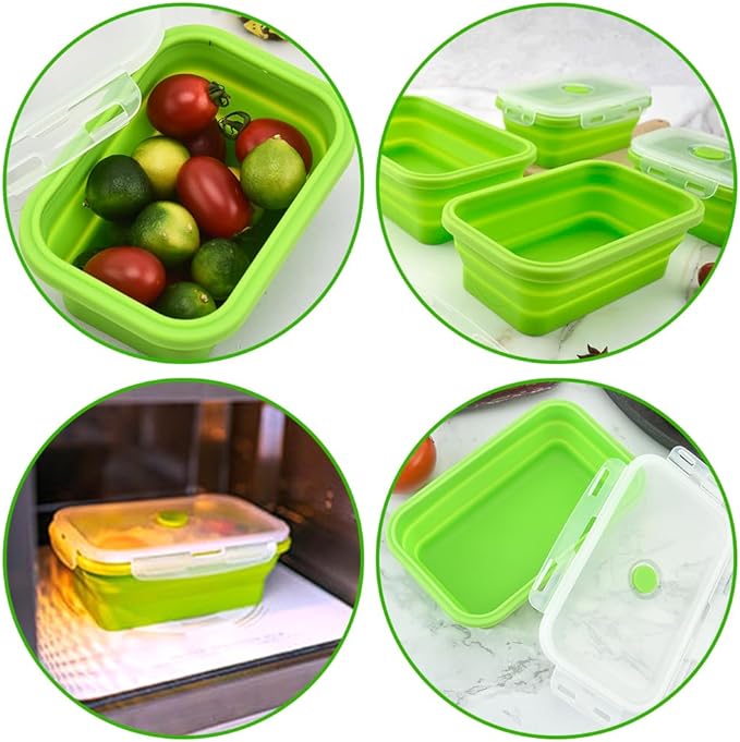 Alimat PluS 27oz Collapsible Food Storage Containers with Lids, 3 Pack Set 800ml Silicone Food Storage Containers, Green Collapsible Food Storage for Kitchen and Outdoor Activities