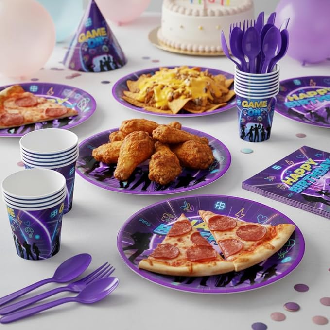 Video Game Party Supplies for Kids Child Themed Birthday Party,Game Theme Birthday Decorations Disposable Tableware Set With Plates, Cups, Napkins & Cutlery for 24 Guests