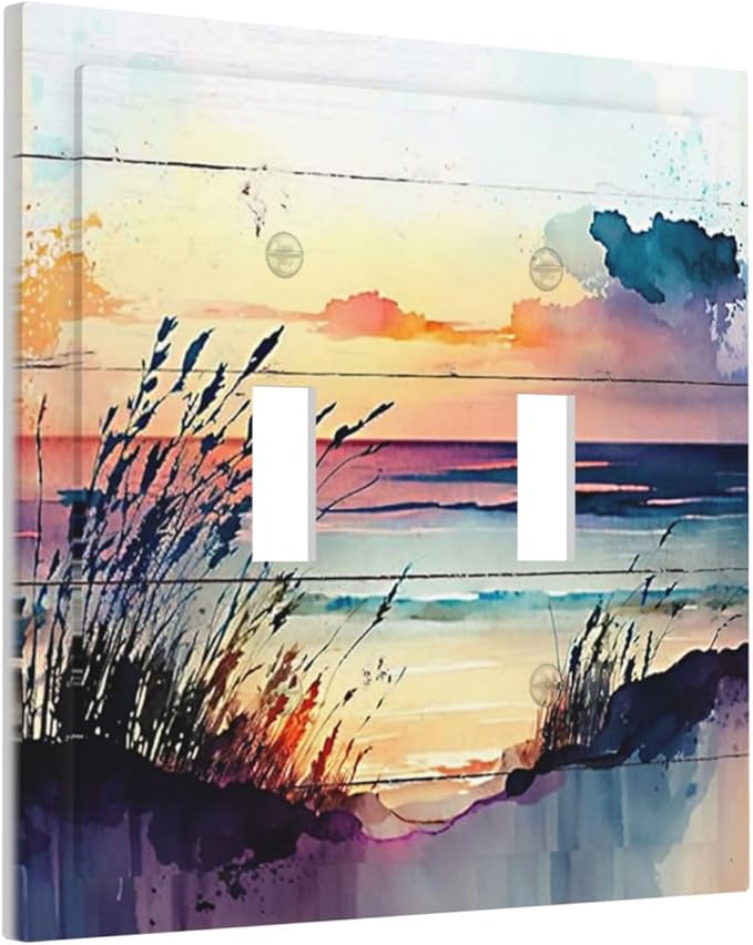 Light Switch Cover Sunset Beach Abstract Watercolor 2 Gang Wall Plate Double Light Switch Plate Nature Coastal Toggle Decorative Outlet Covers Electrical Switchplate for Bathroom Home Decor