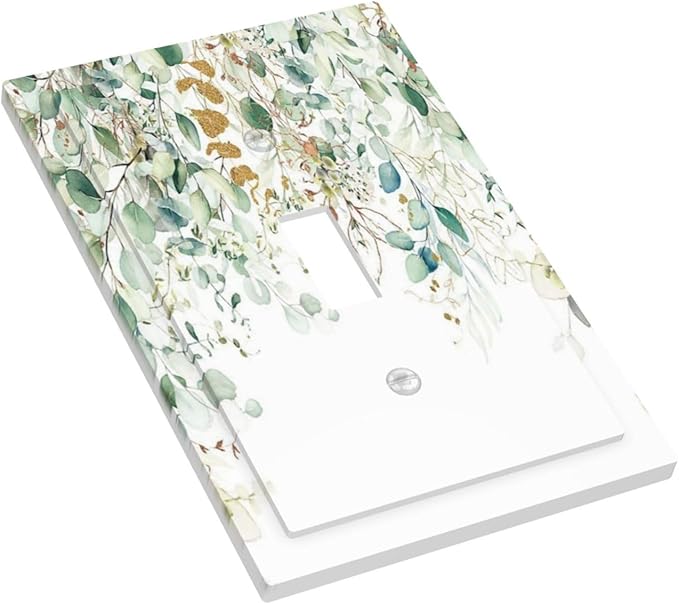 Gold Green Eucalyptus Leaves Plants Flowers Floral Decorative Light Switch Cover 1 Gang Single Toggle Device Electrical Faceplate Switchplates Decorator Outlet Wall Plate for Bedroom Living Room Decor