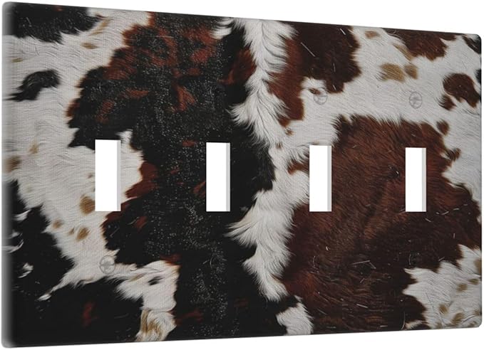Cowhide Print Abstract Animal Fur Rustic Light Switch Covers Quad Toggle Electrical Faceplate 4 Gang Wall Plate Decorative Switch Plates Cover for Farmhouse Home Decor