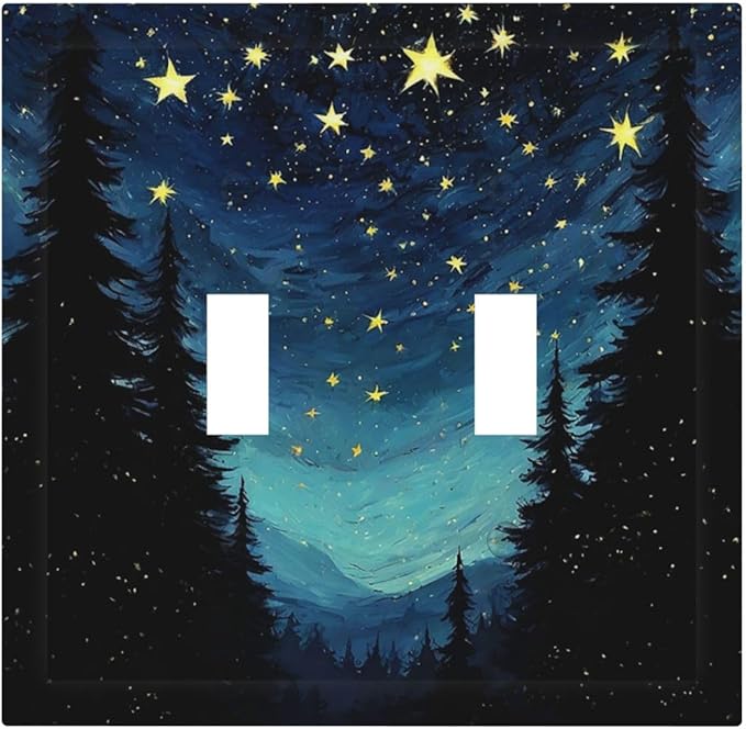 Decorative Switch Plates Blue Starry Sky Forest Painted Star Pine Tree Oil Painting 2 Gang Double Toggle Wall Plate Outlet Light Switch Cover Electrical Faceplate for Bedroom Cabin Decor