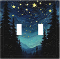 Decorative Switch Plates Blue Starry Sky Forest Painted Star Pine Tree Oil Painting 2 Gang Double Toggle Wall Plate Outlet Light Switch Cover Electrical Faceplate for Bedroom Cabin Decor