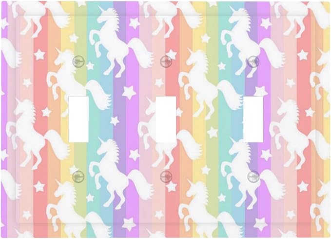 Colorful Cartoon Stars Girly Pink Purple Rainbow Unicorn Theme 3 Gang Triple Toggle Decorator Outlet Light Switch Cover Fantasy Girl Kid Play Bedroom Decorative Switch Face Wall Plates