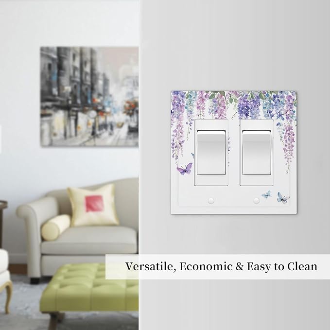 Decorative Outlet Covers Purple Flowers Watercolor Floral Butterflies 2 Gang Double Gfci Rocker Electrical Wall Panels Light Switch Cover Plate For Bed Room Living Room Decor