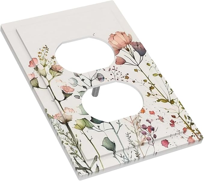 Tan/Beige/Blue Boho Wild Flower Blossom 1 Gang Duplex Outlet Covers Watercolor Colorful Floral Wildflower Decorative Single Device One Gang Electric Receptacle Face Switch Wall Plate Bedroom Decorate
