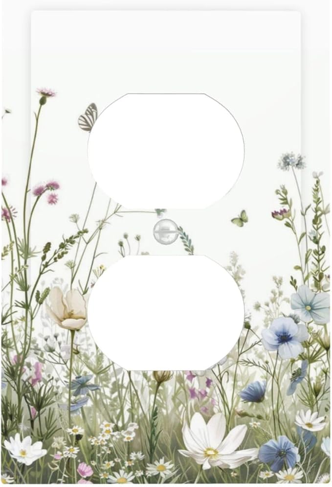 Colorful Wildflowers Daisy Plant Butterfly Floral Outlet Covers 1 Gang Duplex Light Switch Cover Decorative Switch Plates Electrical Receptacle Faceplate Wall Plate for Bed Room Living Room Decor