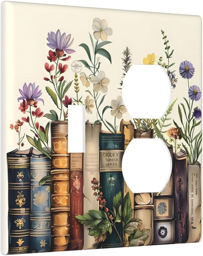 Plant Floral Books Colorful Flower Wallplates 1 Toggle 1 Duplex Switch Plate Electrical GFCI Faceplate Decorative Light Switch Covers for Kids Room Bedroom Decor