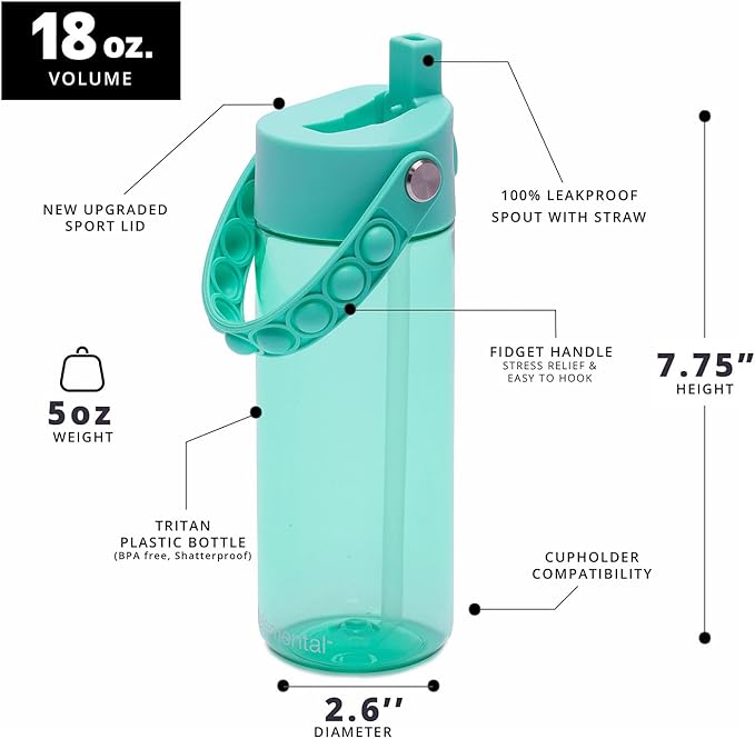 Elemental Leak Proof Water Bottles for Kids - Splash Kids Water Bottle for School with Pop-it Handle - Tritan Plastic Water Bottle with Straw - Mermaid & Robin's Egg - 18oz (2 Pack)