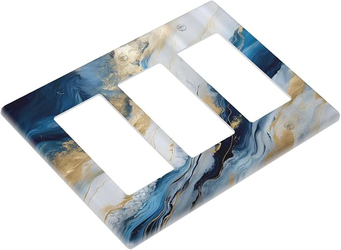 Abstract Blue Granite Luxury Watercolor Marble Texture Print 3 Gang Rocker Light Switch Covers Decorative Unique Triple Outlet Wall Plate Cover Faceplate Decorative Switchplate GFCI for Kitchen