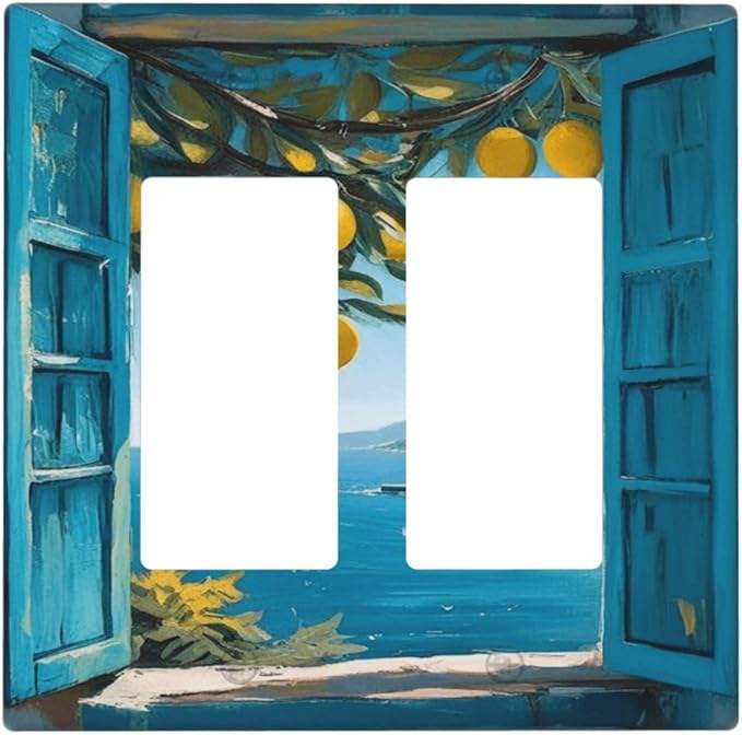 Decorative Art Light Switch Covers Seaside Window with Lemons 2 Gang Dual Rocker Outlet Switch plate Faceplate GFCI for Home Decor