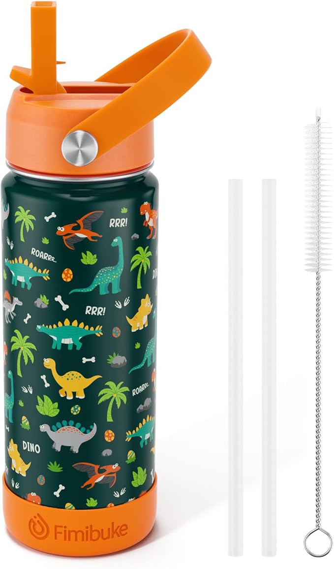 Fimibuke Kids Insulated Water Bottle, 18oz BPA FREE 18/8 Stainless Steel Kid Cup with Straw Travel Tumbler Double Wall Leak Proof Toddler Water Bottle for School Boys Girls (1 Pack, Green Dinosaur)