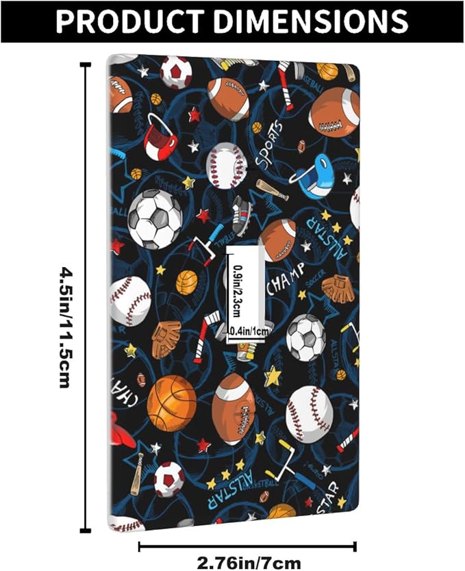 Sports Light Switch Cover Collection Football Soccer Baseball Basketball Fun Sports Design Blue Single Toggle Wall Plate 1 Gang Switchplate 4.5"x 2.76" for Men Teen Boys