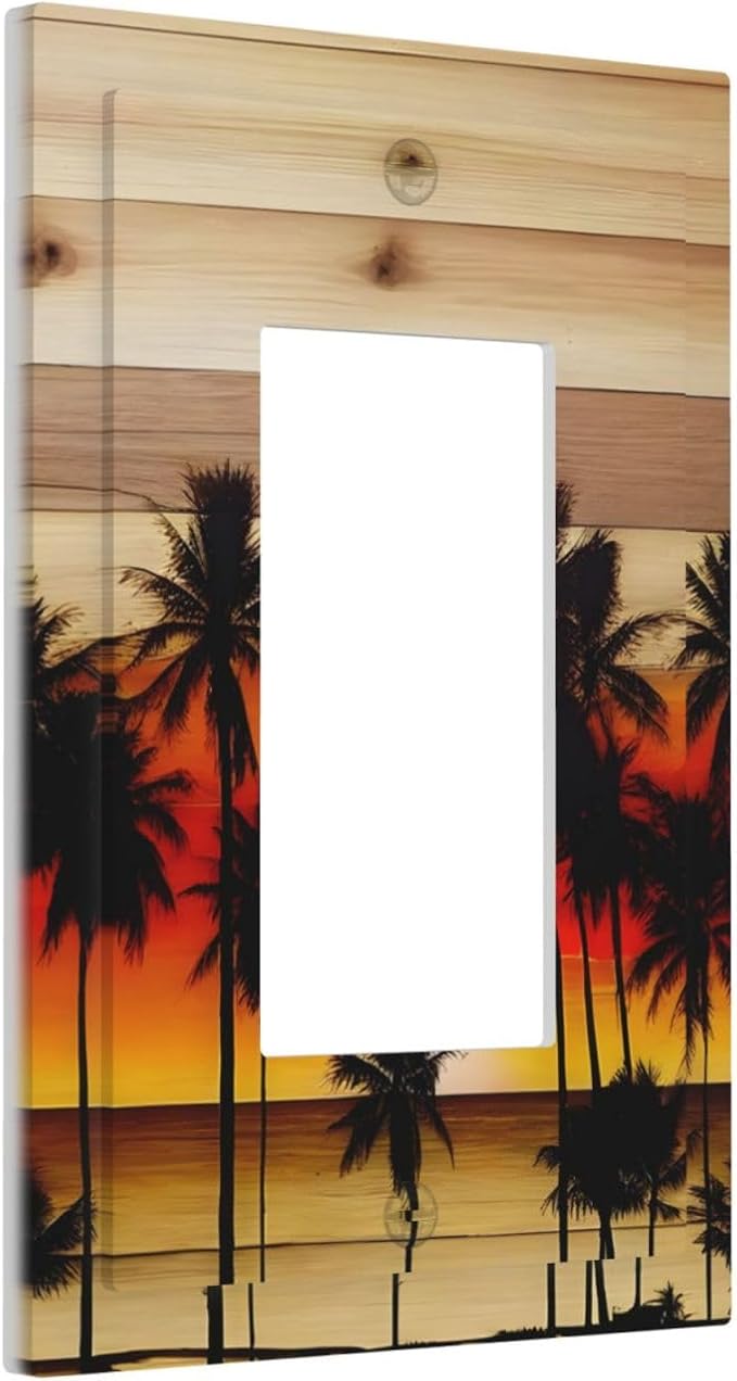 Sunset Beach Coconut Palm Tree Wooden Background Decorative Outlet Covers 1 Gang Single Rocker Light Switch Cover Plate Wall Plates GFCI Faceplate for Bedroom Living Room Decor