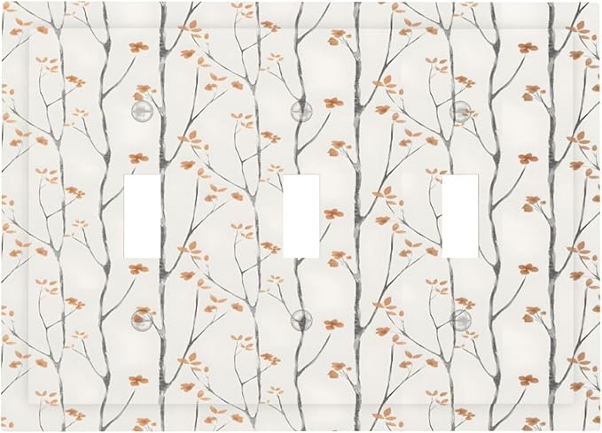 Boho Floral Watercolor Tree Branch Flower Minimalist Decorative Switch Plates 3 Gang Wall Plate Triple Toggle Light Switch Cover Faceplate Electrical Wall Panels for Bedroom Living Room Decor