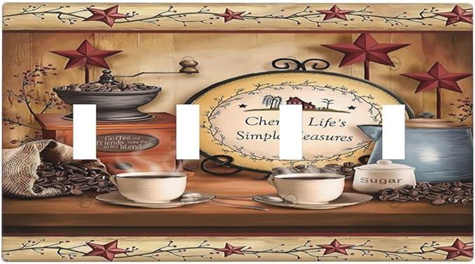 Kitchen Western Coffee Cafe Decorative 4-Gang Quad Toggle Light Switch Wall Plate Cover, Simple Country Restaurant Texas Dining Quadruple Toggle Device Switches Wall Plate Outlet Covers Standard Size