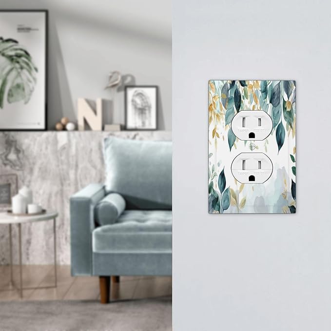Boho Goldgreen Leaf Botanical Eucalyptus Leaves Outlet Covers 1 Gang Duplex Light Switch Cover Decorative Switch Plates Electrical Receptacle Faceplate Wall Plate for Bedroom Living Room Decor