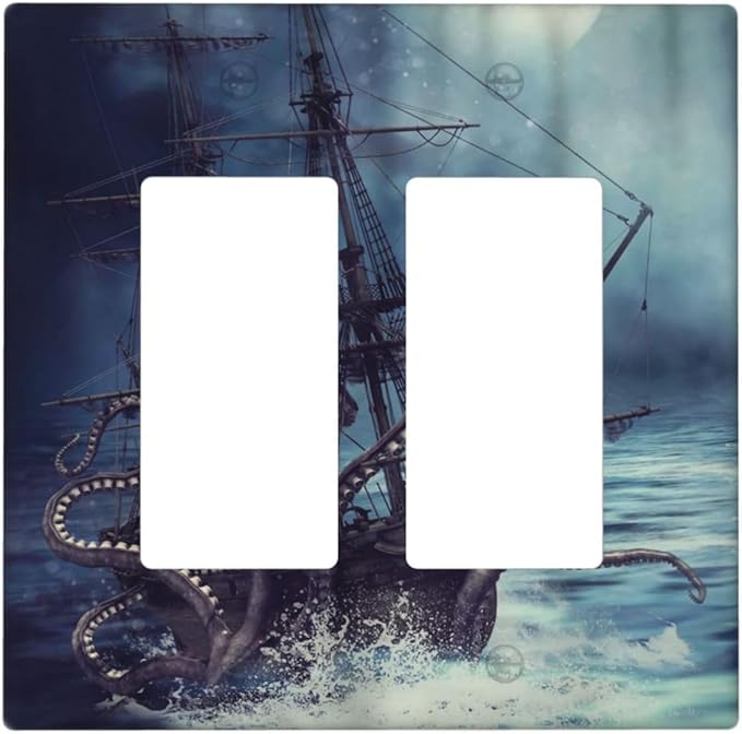 Octopus Ocean Kraken Nautical Pirate Ship 2 Gang Rocker Decora Light Switch Covers Decorative Unique Dual Outlet Covers Wall Plate Electrical Faceplate Switchplate GFCI for Bedroom Bathroom Decor