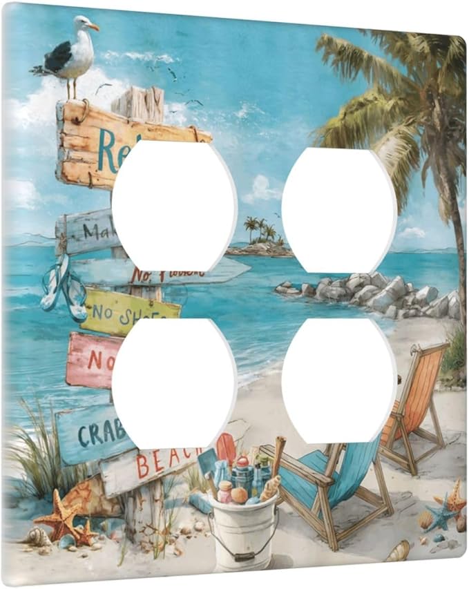 Ocean Beach Tropical Palm Tree Coastal Seaside Outlet Covers 2 Gang Double Duplex Decorative Light Switch Covers Electrical Wallplates Socket Faceplate for Kids Room Living Room Decor