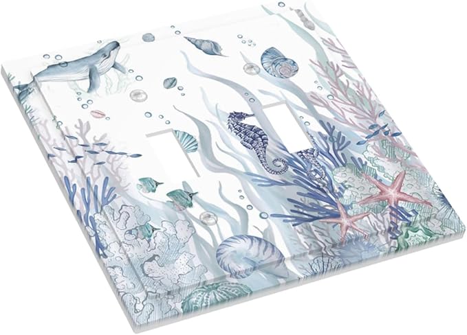 Ocean Themed Coral Seahorse Seashell Starfish Beach Decorative Switch Plates 2 Gang Double Toggle Outlet Light Switch Cover Wall Plate Electrical Faceplate for Bathroom Home Decor