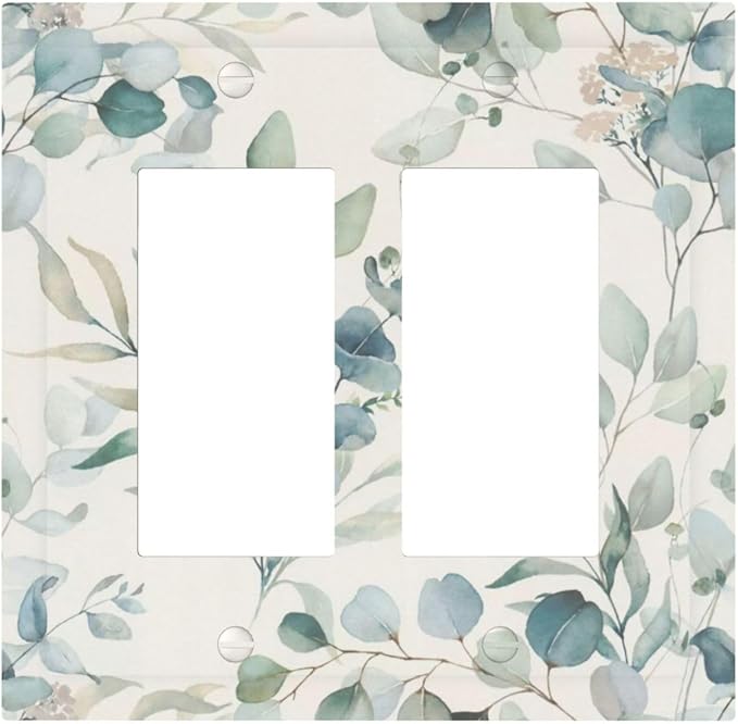 Boho Green White Eucalyptus Leaf Floral Decorative Outlet Covers 2 Gang Double GFCI Rocker Electrical Wall Panels Light Switch Cover Plate for Farmhouse Living Room Decor