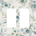 Boho Green White Eucalyptus Leaf Floral Decorative Outlet Covers 2 Gang Double GFCI Rocker Electrical Wall Panels Light Switch Cover Plate for Farmhouse Living Room Decor