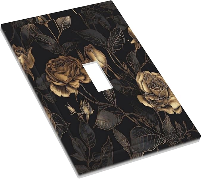 Black Floral Dark Vintage Gold Rose Flower Decorative Light Switch Cover 1 Gang Single Toggle Device Electrical Faceplate Switchplates Decorator Outlet Wall Plate for Bedroom Living Room Decor