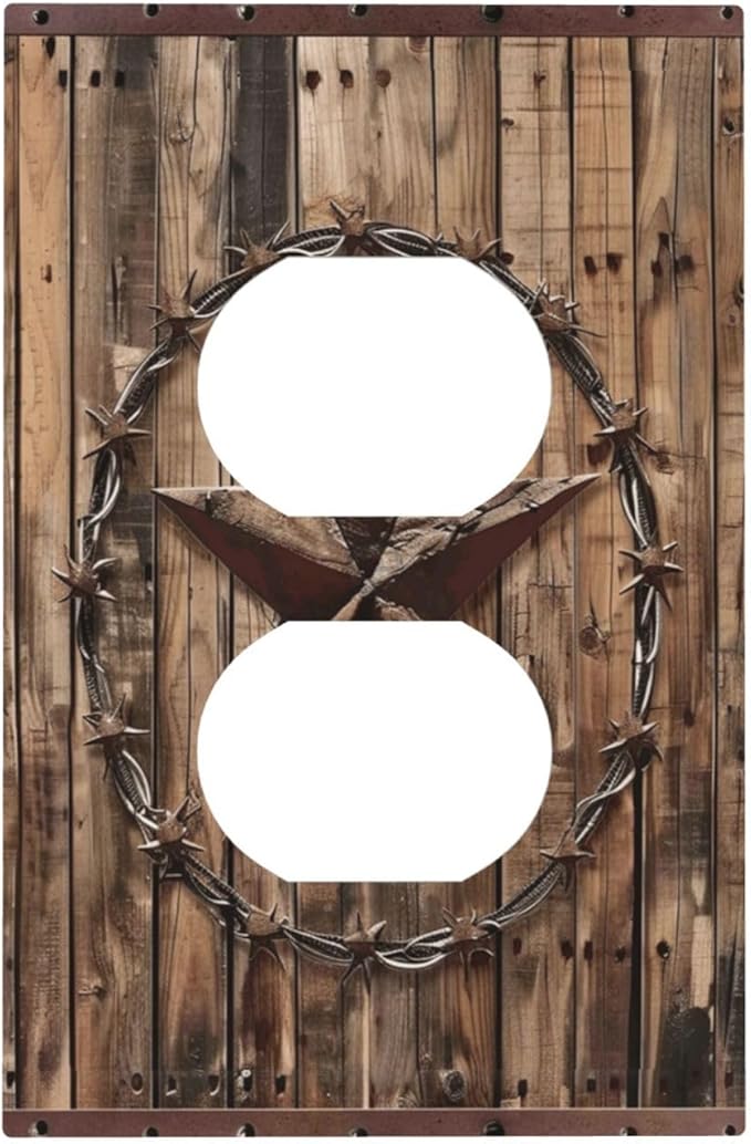 Outlet Covers Rustic Star Western Cowboy Wood 1 Gang Duplex Light Switch Cover Plate Decorative Wall Plates Electrical Switchplate Receptacle for Farmhouse Home Decor（2 Pack）