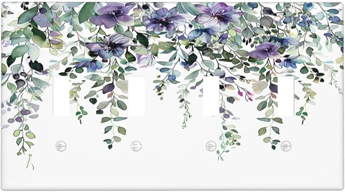 Light Switch Cover Plate Blue Purple Eucalyptus Leaves Boho Botanical 4 Gang Quad Toggle Decorative Switch Plates Wall Panels Electrical Wall Plates Faceplate for Bathroom Home Decor