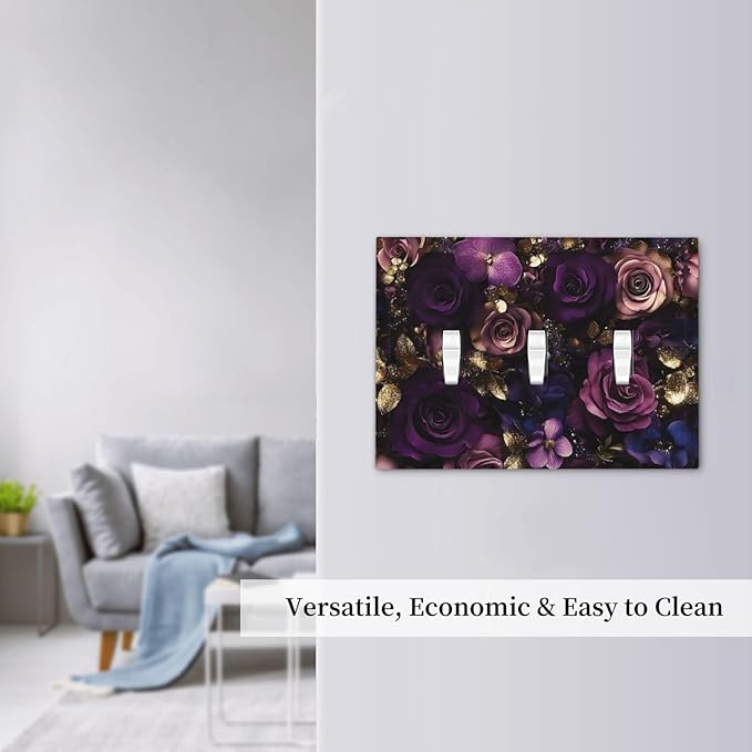 Decorative Switch Plate Cover with Luxurious Purple Roses Gold Accents Leaves Design 3 Gang Artistic Wall Plate Unique Triple Toggle Light Switch Covers for Romantic Bedroom/Living Room Decor