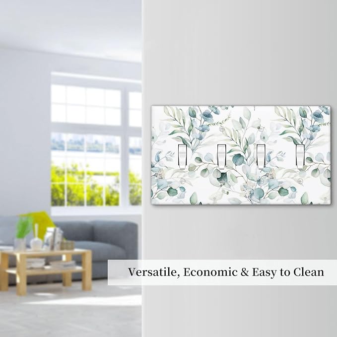 Green Eucalyptus Leaf Decorator Light Switch Cover Wall Plate 4 Gang Quad Toggle, Watercolor Spring Boho Eucalyptus Leaves Tree Top Wild Flower Decorative Electrical Outlet Cover Switchplate Faceplate