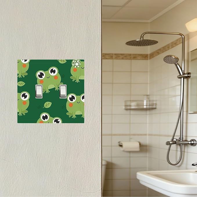 Cute Green Frogs Double Toggle Switch Cover - 2-Gang Standard US Size Whimsical Froggy Friends Light Switch Covers, Playful Amphibian for Boys & Girls Room Decor
