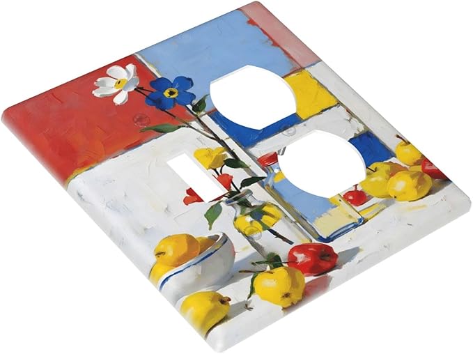 Color Block Floral Still Life Art Red Yellow Blue Abstract Wallplates 1 Toggle 1 Duplex Switch Plate Electrical GFCI Faceplate Decorative Light Switch Covers for Farmhouse Bedroom Decor