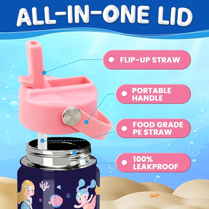 Mermaid Water Bottle for Girls - Kids Water Bottle with Straw Lid - 12 Oz Insulated Stainless Steel Water Bottles for Kid Girl- Travel Cup for School Sports