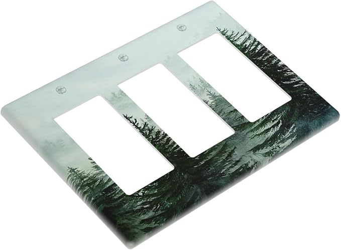 Forest Pinetrees Misty Landscape Nature Light Switch Covers 3 Gang Rocker Decorative Triple Outlet Wall Plate Cover Switchplate Electrical Gfci for Bedroom Farmhouse Decor