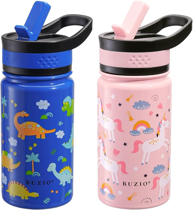 2-Pack Kids Water Bottle, BUZIO 14 oz Toddler Stainless Steel Insulated Water Bottles with Tritan Straw Lid, Leak Proof BPA-Free Wide Mouth Drink Flask for Shcool Boy Girl (Pink Unicorn+Blue Dinosaur)