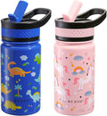 2-Pack Kids Water Bottle, BUZIO 14 oz Toddler Stainless Steel Insulated Water Bottles with Tritan Straw Lid, Leak Proof BPA-Free Wide Mouth Drink Flask for Shcool Boy Girl (Pink Unicorn+Blue Dinosaur)