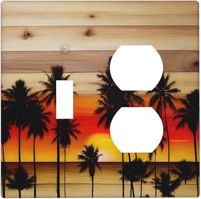 Sunset Beach Coconut Palm Tree Wooden Background Wallplates 1 Toggle 1 Duplex Switch Plate Electrical GFCI Faceplate Decorative Light Switch Covers for Bedroom Living Room Decor