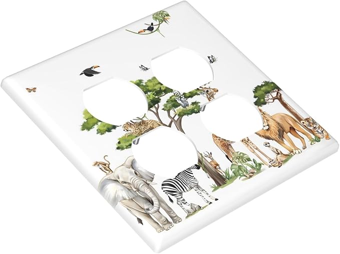 Large Animals Elephant Giraffe Jungle Lion Leopard Zebra Outlet Covers 2 Gang Double Duplex Decorative Light Switch Covers Electrical Wallplates Socket Faceplate for Kids Room Nursery Decor